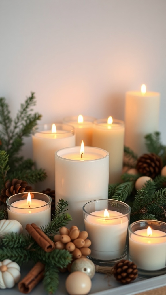 A collection of white candles surrounded by pine branches, pinecones, and cinnamon sticks.