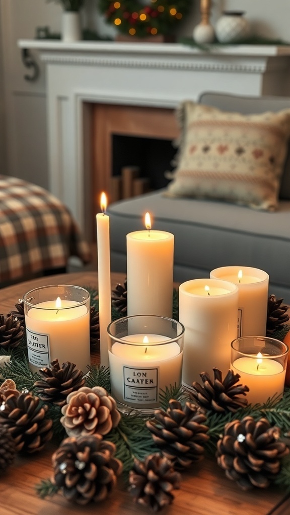 A cozy arrangement of scented candles surrounded by pinecones and greenery.