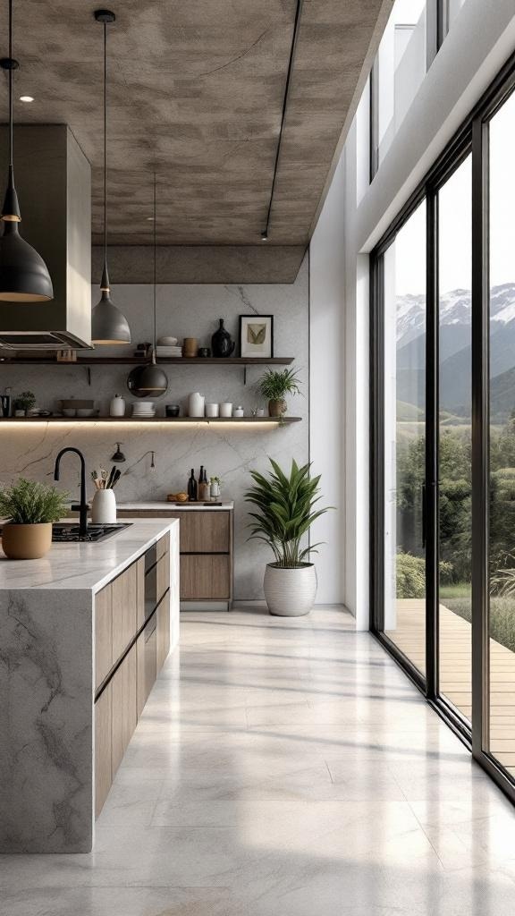 A modern kitchen with large glass doors leading to an outdoor space, featuring marble countertops and wooden cabinets.