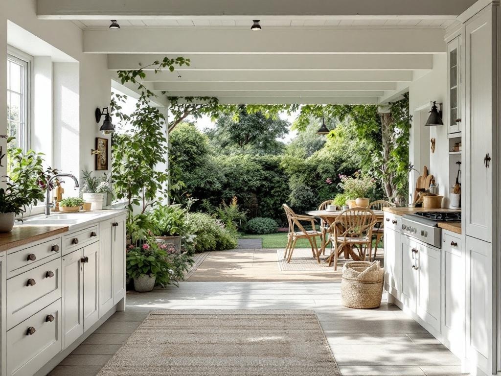 A bright cottage kitchen with a seamless flow to an outdoor dining area, featuring plants and natural light.