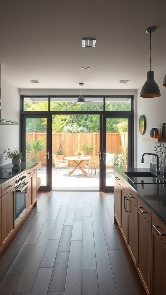 A modern kitchen with large glass doors leading to an outdoor patio.