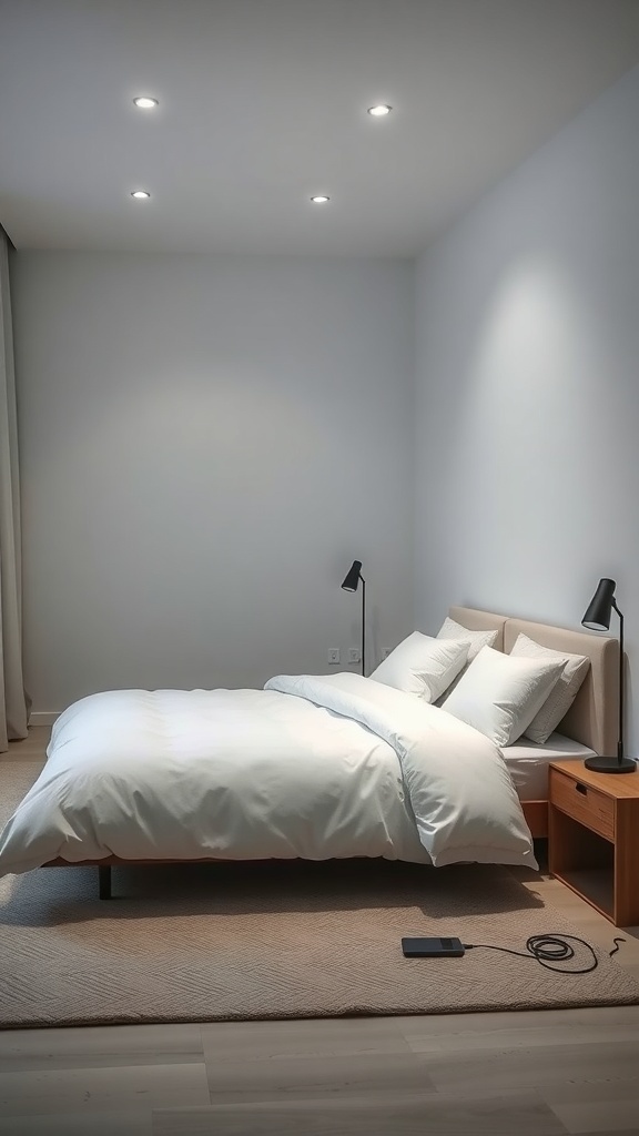 A minimalist bedroom featuring a bed, bedside table, and modern lighting.