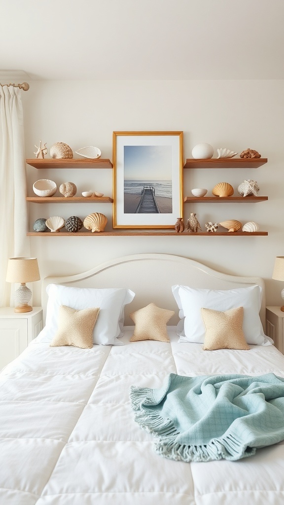 A coastal bedroom featuring seashell decor on wooden shelves above a bed with a light blue blanket.