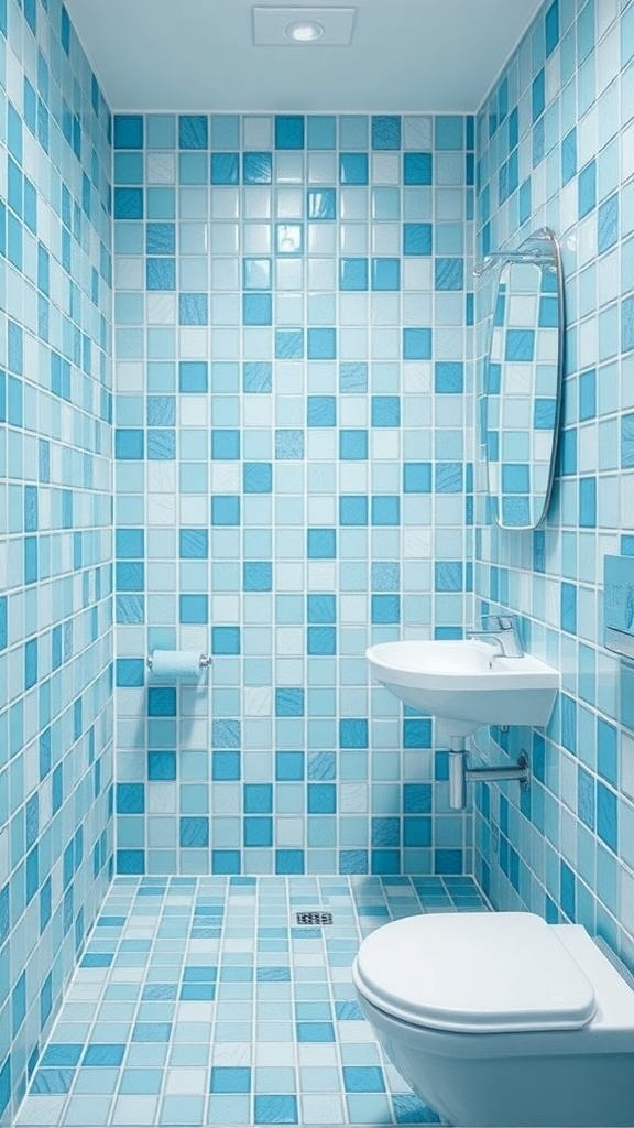Bathroom with blue and aqua tiles, creating a seaside inspired look.