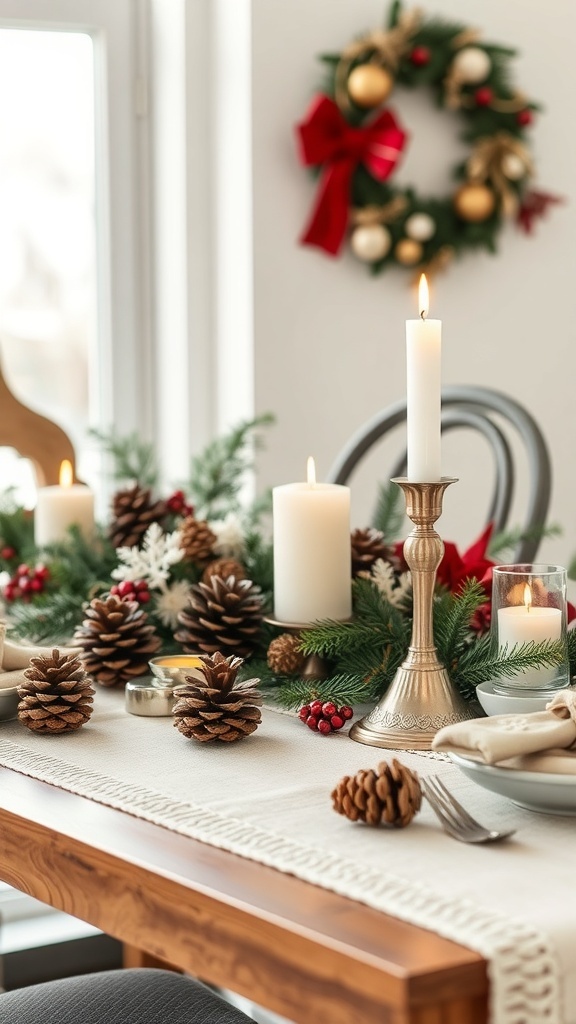 A beautifully decorated winter table with pinecones, candles, and festive greenery.