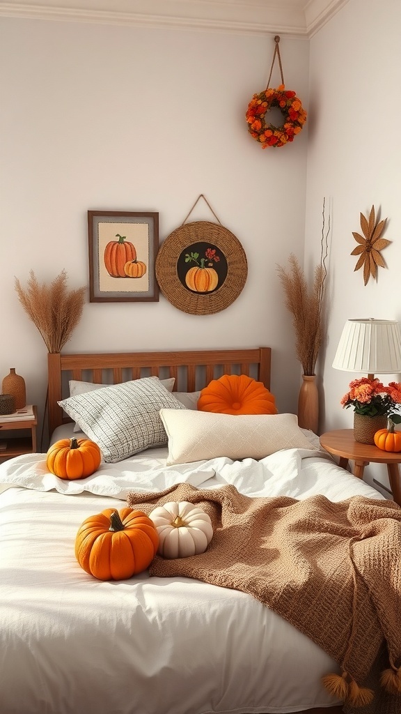 A cozy fall-themed bedroom with pumpkins, warm blankets, and autumn decorations.