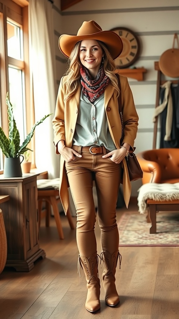 A woman in a stylish western chic outfit featuring a coat, scarf, and cowboy hat, standing indoors.