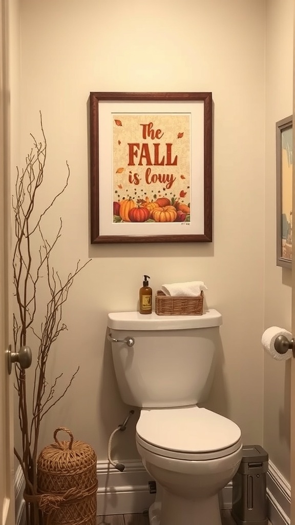 A bathroom with a framed fall-themed artwork above the toilet, featuring pumpkins and autumn leaves.