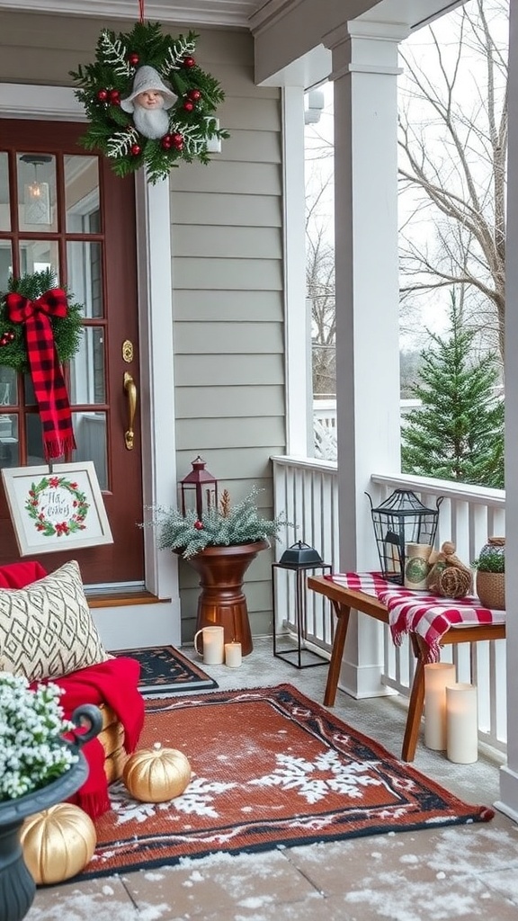 A beautifully decorated winter front porch featuring a wreath, cozy seating, and seasonal decorations.