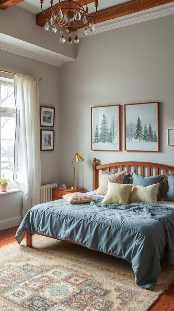 Cozy winter bedroom with soft bedding and seasonal artwork.
