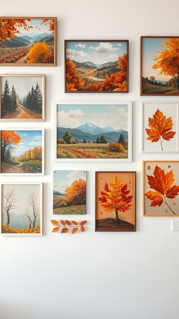 A collection of autumn-themed artwork featuring landscapes and leaves in warm colors.