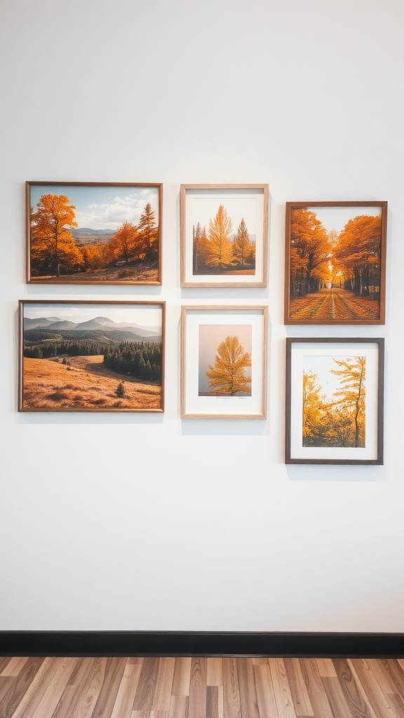 A collection of autumn-themed artwork featuring trees and landscapes in warm orange and gold tones.