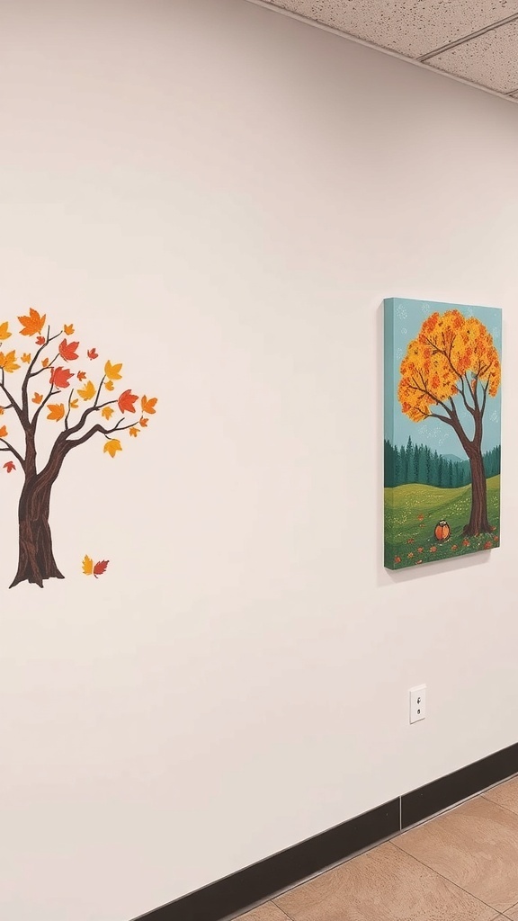 Two pieces of fall-themed artwork on a wall, one a painted tree and the other a canvas print.