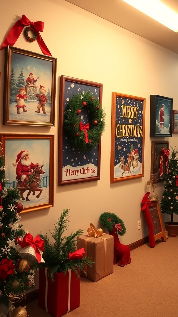 A wall decorated with Christmas-themed artwork, including vintage prints and a wreath.