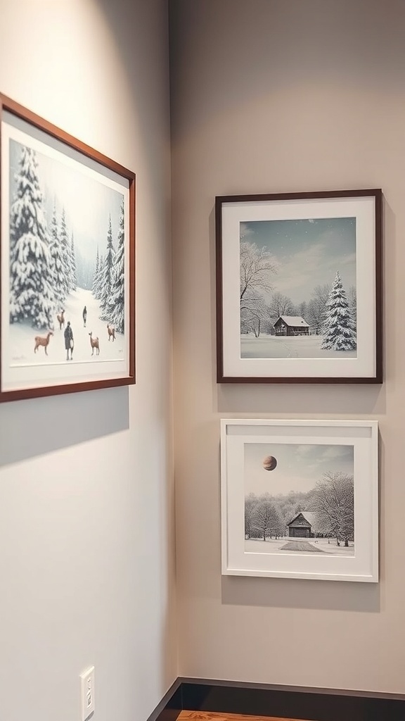 Winter-themed artwork featuring snowy landscapes and cozy cabins in frames.