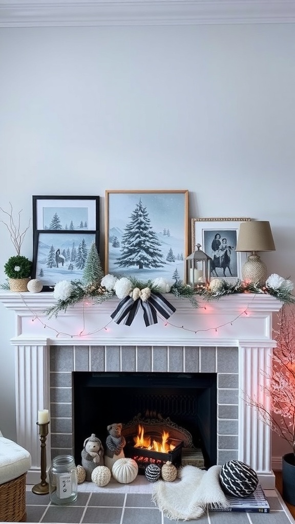 A beautifully decorated winter mantle with snowy tree artwork and cozy decor.
