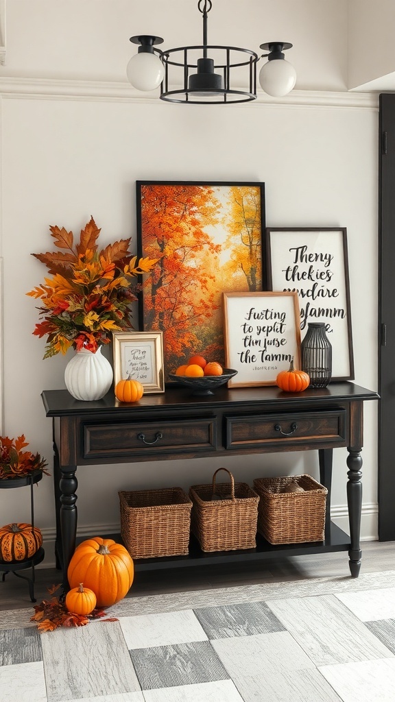 A fall-themed entry table with artwork, pumpkins, and floral decor.