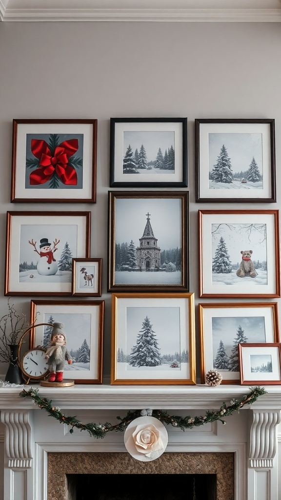 A winter-themed mantle display featuring framed artwork of snowy scenes and festive decorations.