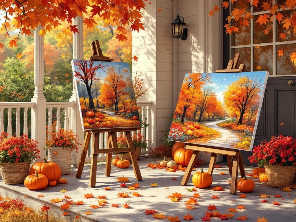 Thanksgiving porch with seasonal artwork on easels, pumpkins, and colorful leaves