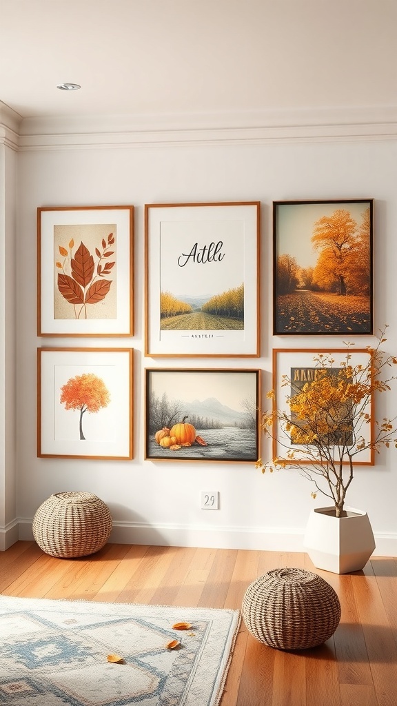 A cozy fall-themed artwork display featuring framed autumn illustrations and a decorative vase.