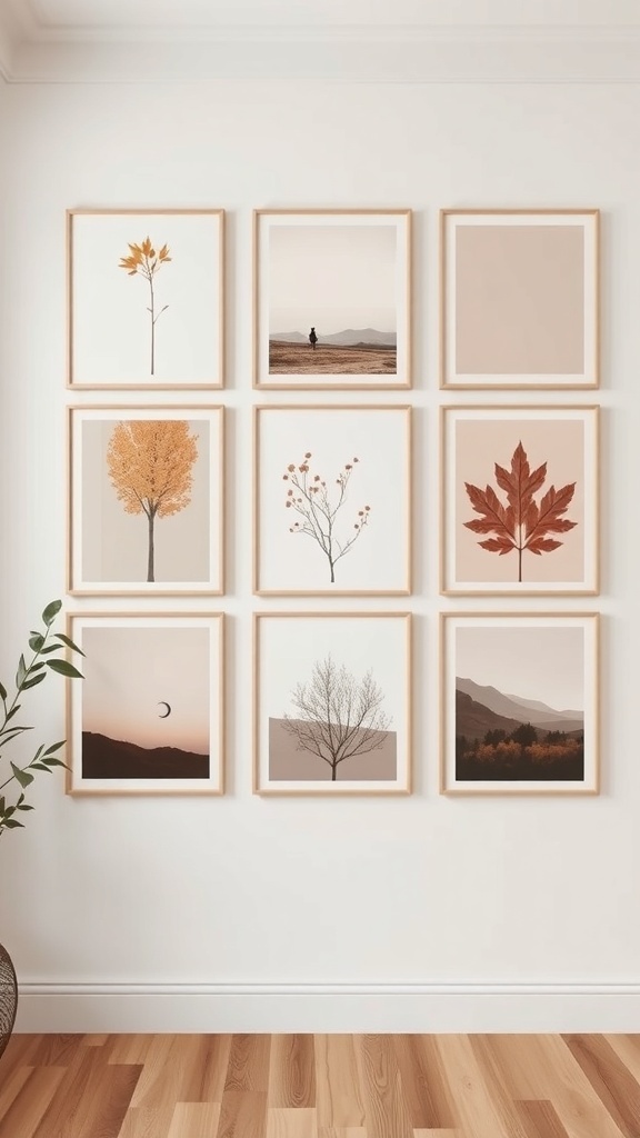 A minimalist fall decor display featuring nine framed artworks of trees and landscapes in warm autumn colors.