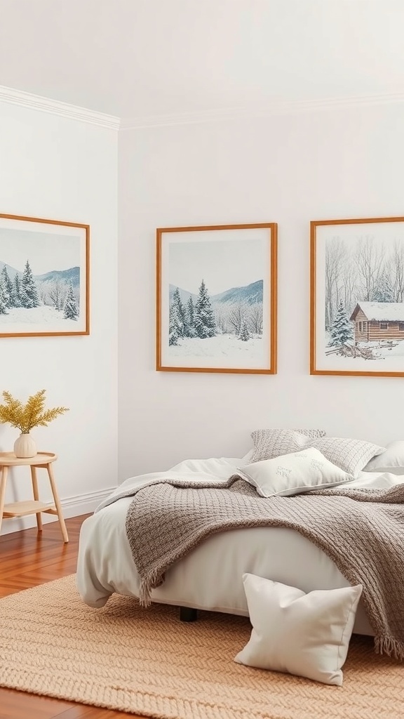 Cozy winter bedroom with framed snowy landscape artwork