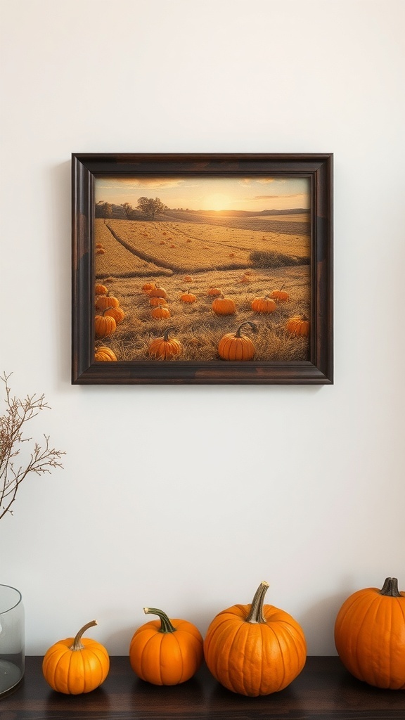 Framed artwork of a pumpkin patch at sunset with real pumpkins displayed below