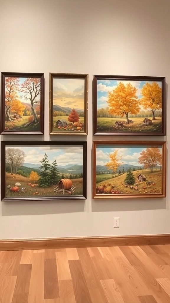 A collection of fall-themed paintings featuring colorful trees, landscapes, and pumpkins.