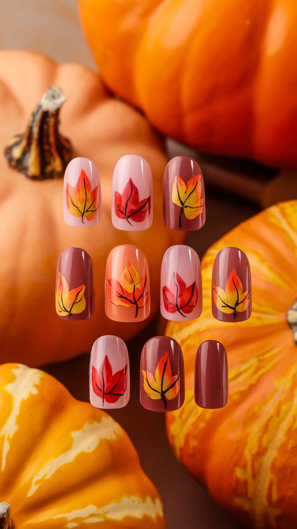 Autumn-themed nail art featuring leaves on various nail designs with pumpkins in the background.