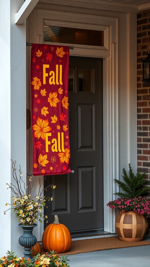 A front door decorated with a fall banner, pumpkin, and potted plants.