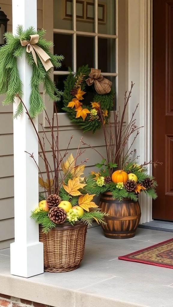 Two seasonal basket arrangements on a porch, featuring autumn leaves, pine cones, apples, and pumpkins.