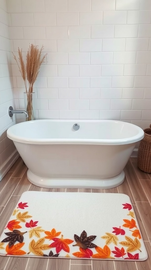 A cozy bathroom featuring a white tub, tiled walls, and a colorful autumn-themed bath mat.