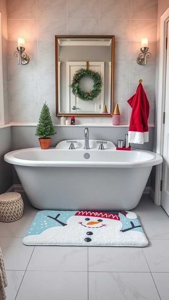 A festive bathroom with a snowman bath mat, a small Christmas tree, and holiday decorations.