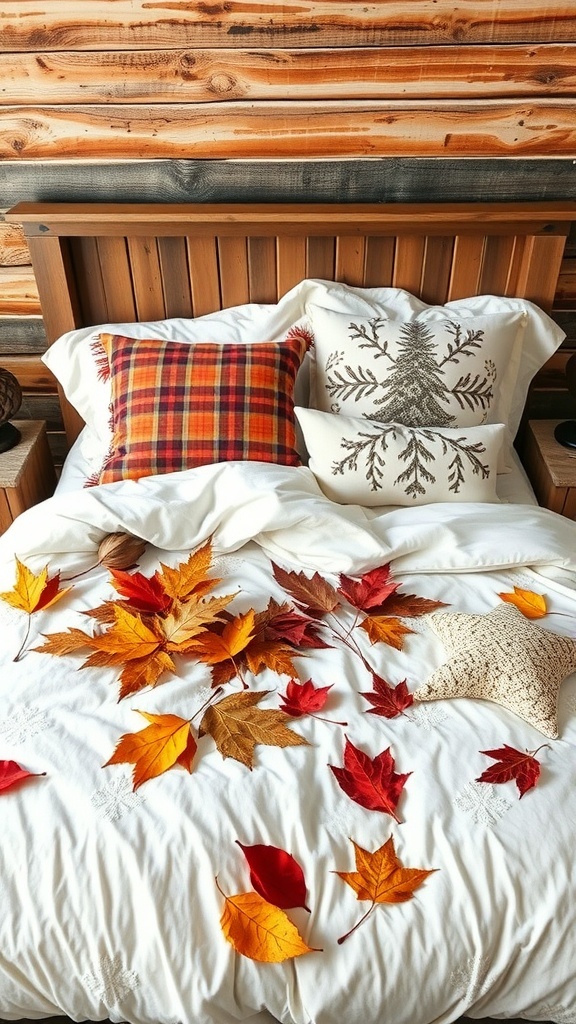 A rustic bed with plaid and decorative pillows, adorned with colorful autumn leaves.