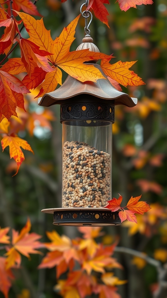 A bird feeder surrounded by vibrant fall leaves.
