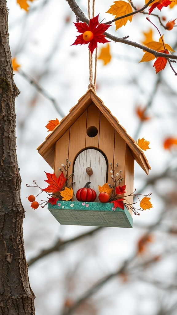 A wooden birdhouse decorated with autumn leaves and pumpkins, hanging from a tree branch.