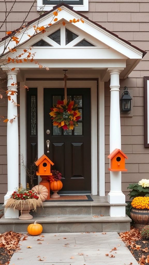 A cozy porch decorated for fall with orange birdhouses, pumpkins, and seasonal flowers.
