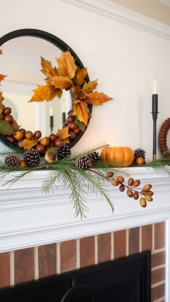 A cozy fireplace mantle decorated with seasonal books, pumpkins, and autumn leaves.