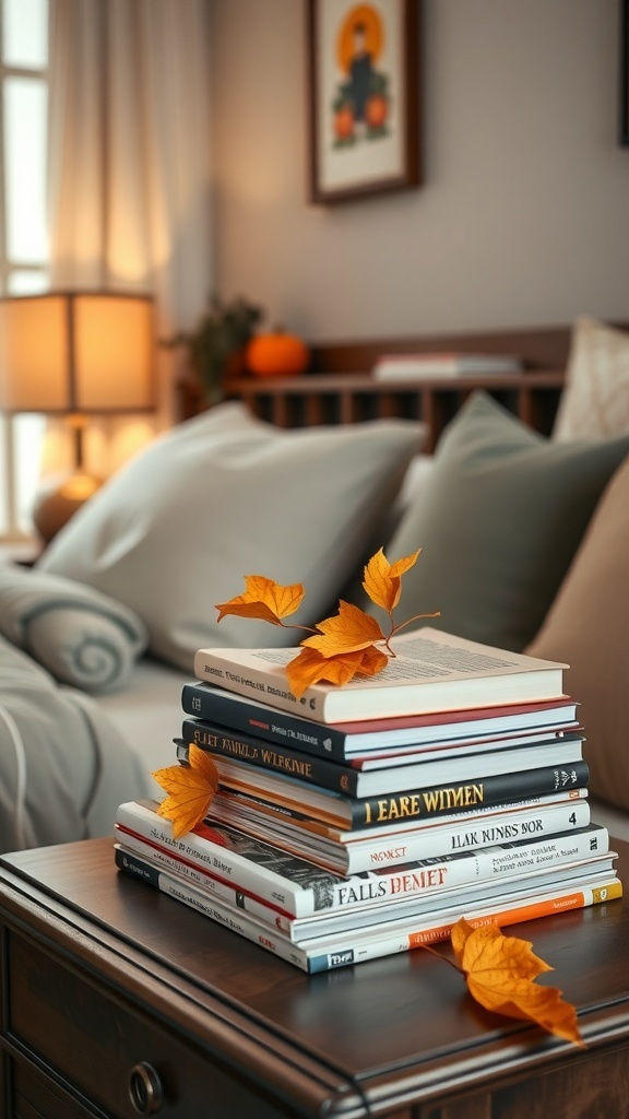 A cozy bedroom scene with a stack of books and autumn leaves on a bedside table.