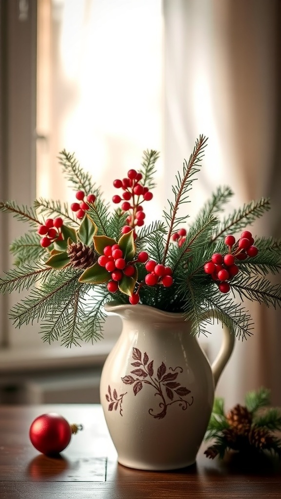 A vintage pitcher filled with evergreen branches and red berries, placed on a wooden table.