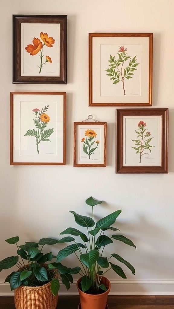 Framed botanical prints on a wall with potted plants below