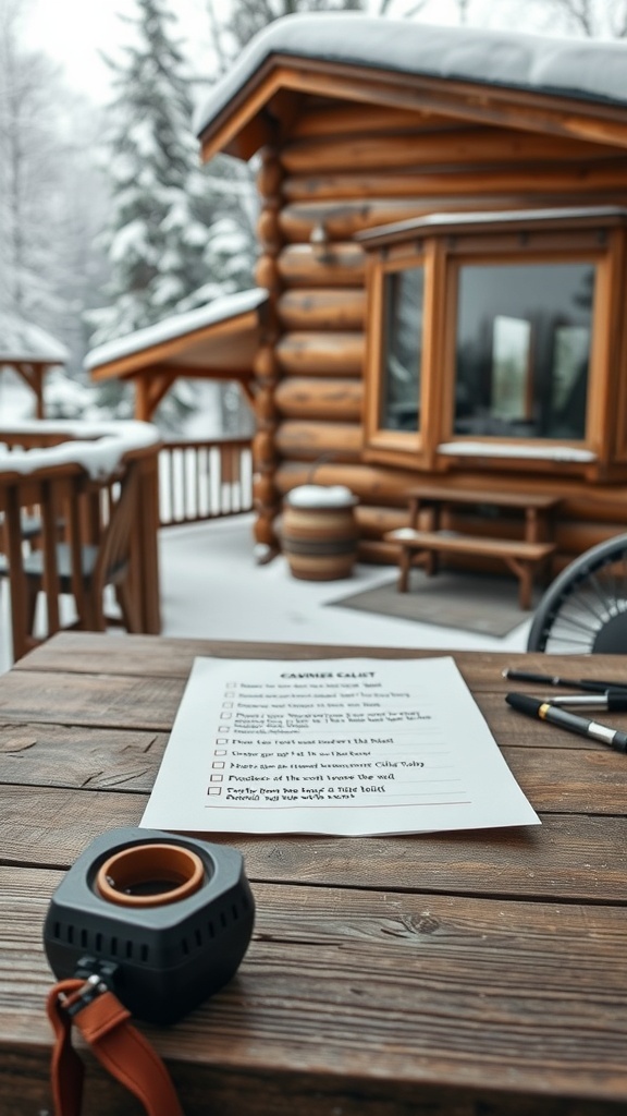 A winter cabin with a maintenance checklist on a wooden table.