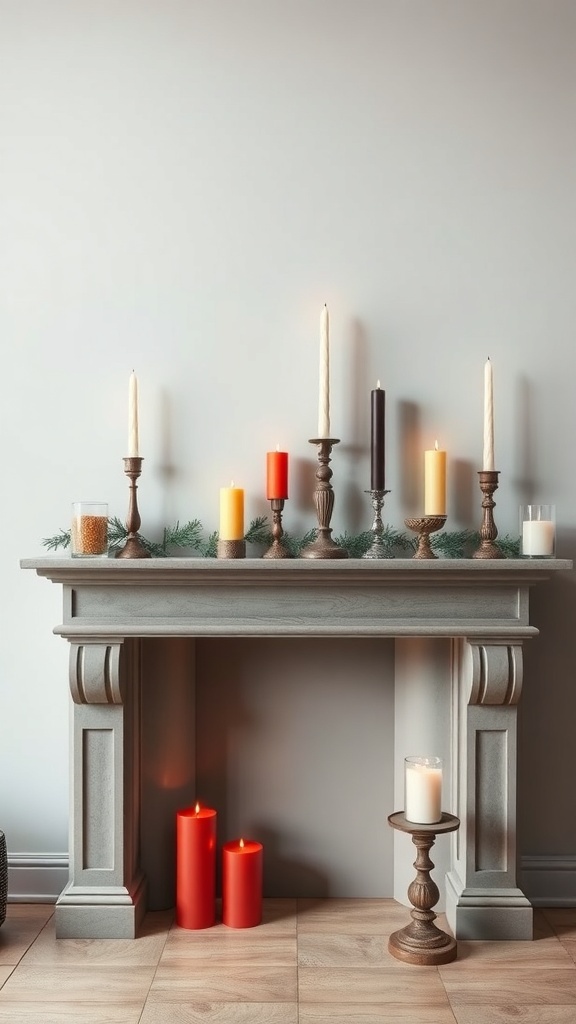 A stylish mantel arrangement featuring various candles in different heights and colors, complemented by greenery.