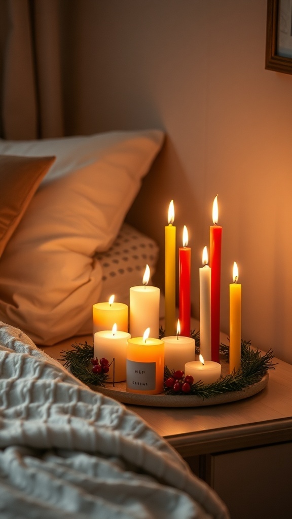 A cozy candle arrangement on a bedside table featuring various candles in different heights and colors, surrounded by greenery and berries.