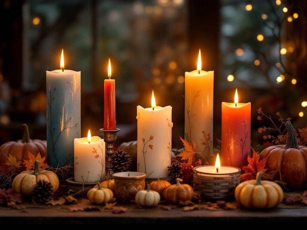A collection of candles in various sizes and colors, surrounded by pumpkins and pinecones, creating a warm Thanksgiving atmosphere.