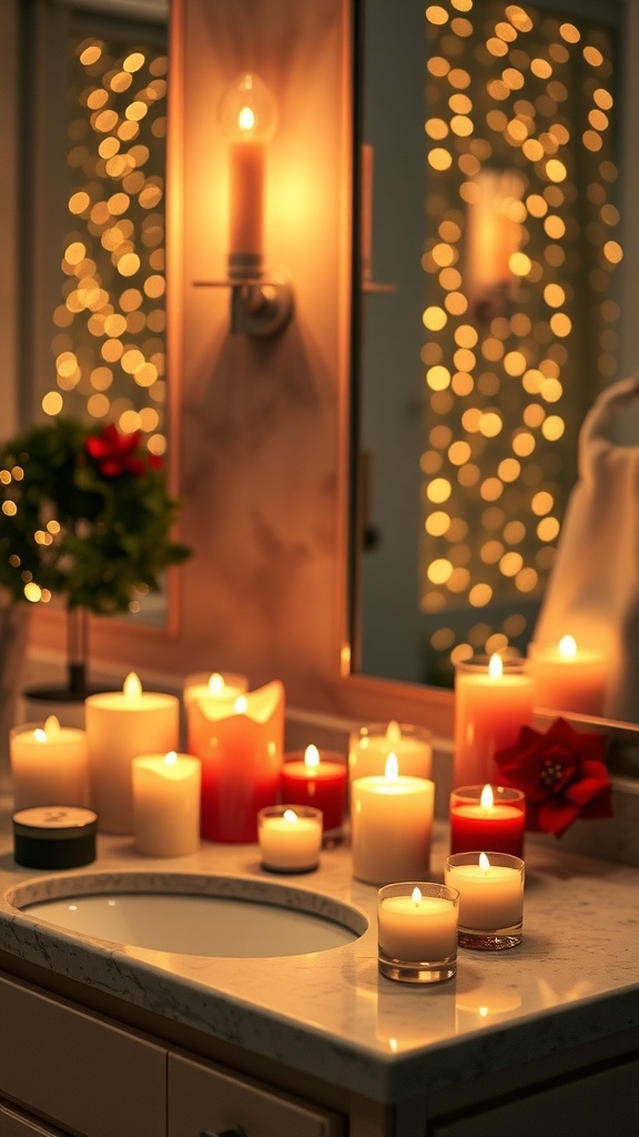 A bathroom sink decorated with various candles and Christmas decor.