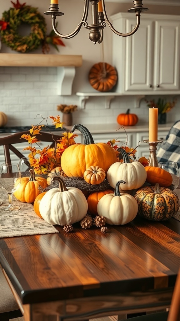 A fall centerpiece featuring various pumpkins and autumn leaves on a wooden table.