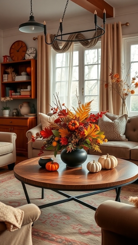 A cozy fall room featuring a floral centerpiece with autumn leaves and pumpkins on a coffee table.