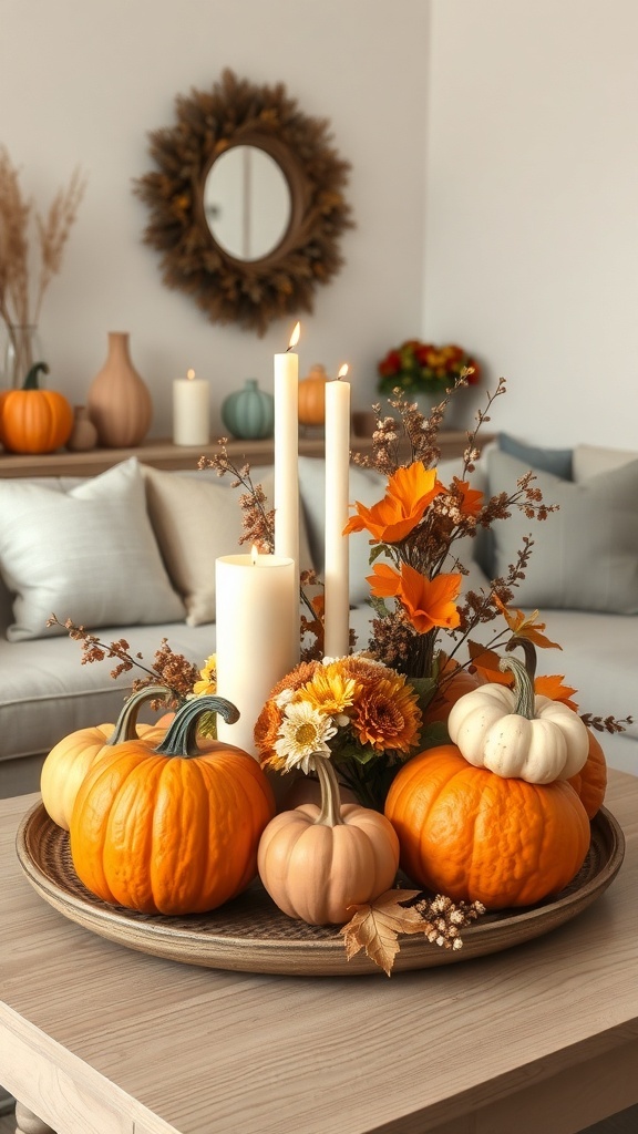 A cozy fall living room centerpiece featuring pumpkins, candles, and autumn flowers.