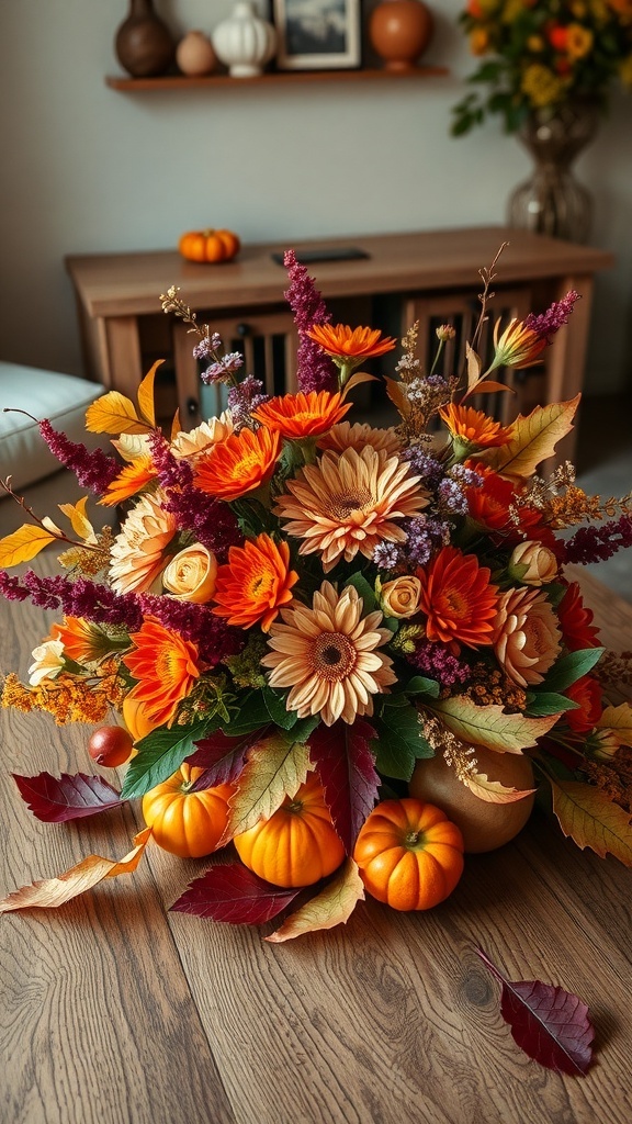 A vibrant fall centerpiece featuring orange and yellow flowers, small pumpkins, and colorful leaves on a wooden coffee table.